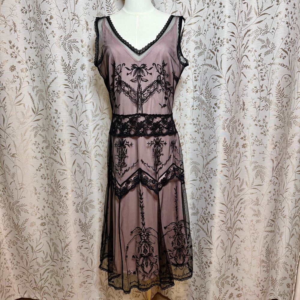 Newport News VTG Y2K Lace Mesh Flapper Dress 10 Black Pink Art Deco Gatsby 1920s - Picture 2 of 14
